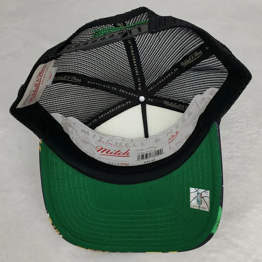 Boston Celtics Mitchell & Ness Trucker Snapback Hat Cap 3D Logo Black Floral NWT